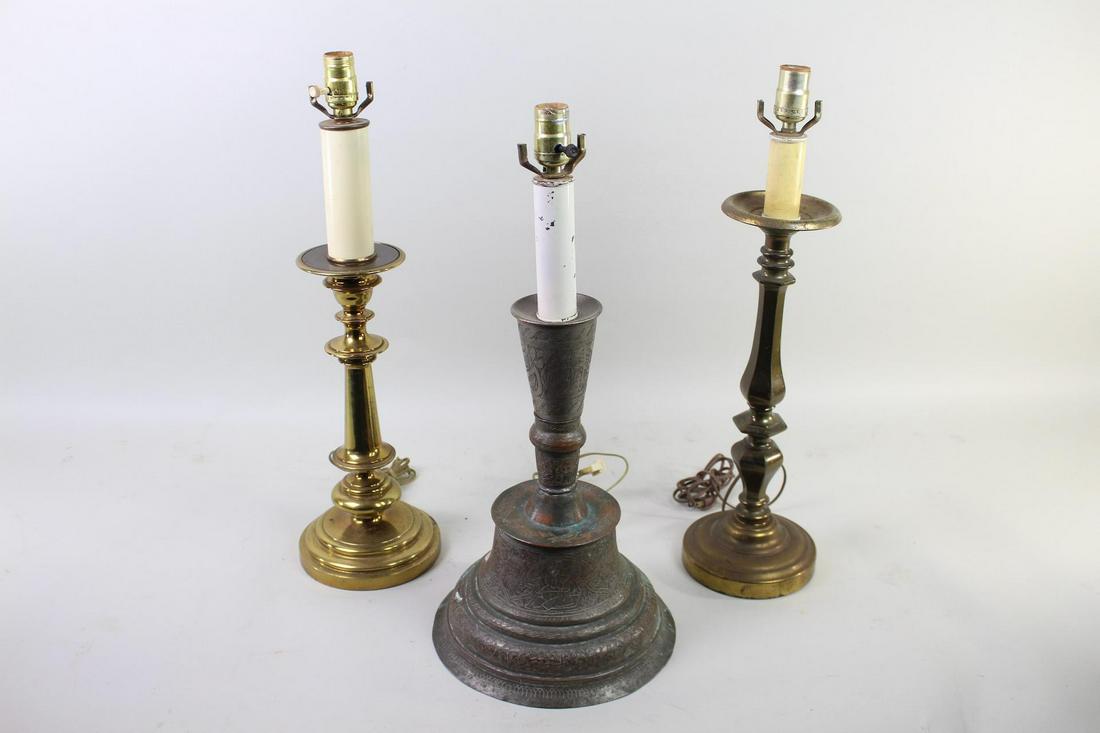 Lot of 3 Brass Candlestick Electric Table Lamps (1 of 8)