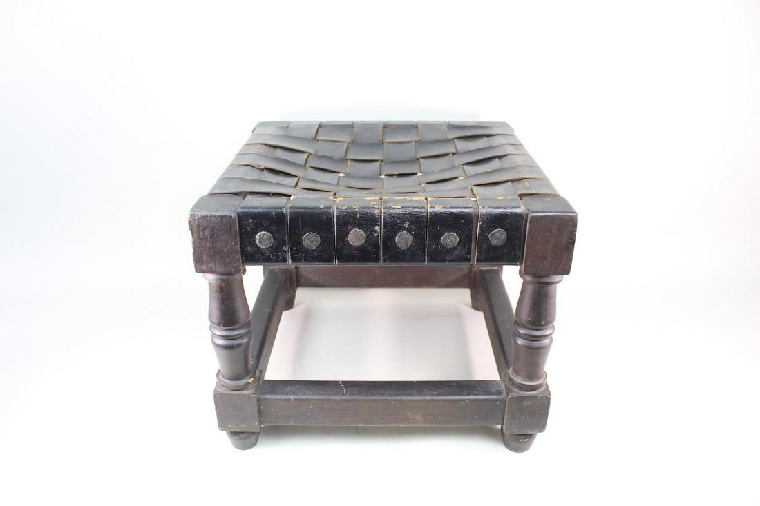 Mexican Black Woven Leather Stool W/Turned Wood Legs (1 of 13)