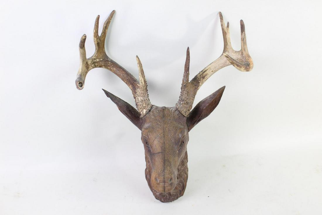 Antique Black Forest Carved Wood Buck Deer Head w/ (1 of 12)