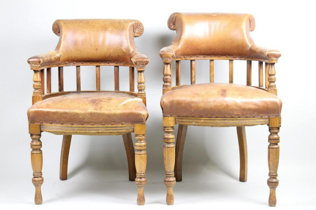 Pair of Georgian Wood & Leather Barrel Back Armchairs (1 of 16)