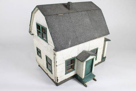 Large Handmade White Wood Doll House Model Folk Art: Large Handmade White Wood Doll House Model Folk Art. This miniature house has hinged roof and side walls for access to interior, which features lifelike black and white checkered floor tiles and