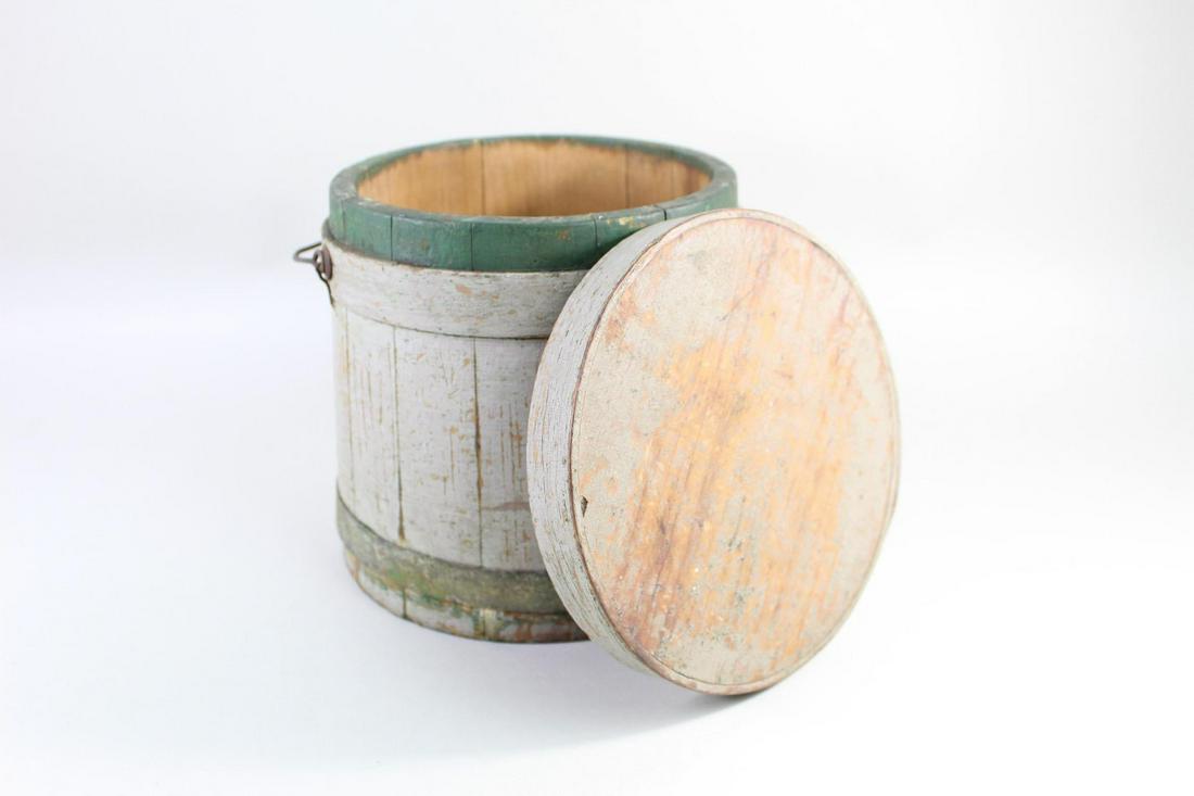 Gray & Green Painted Wood Firkin Bucket,Signed (1 of 10)