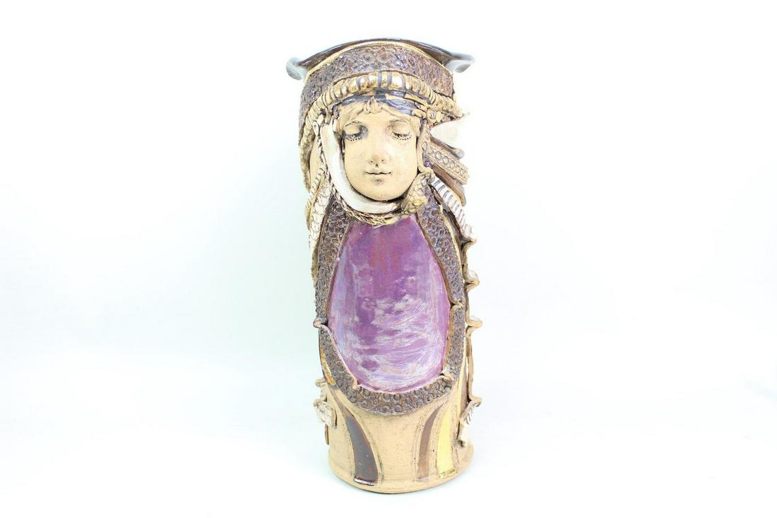 Art Nouveau Sculpted Signed Ceramic Vase of Girl, Woman (1 of 12)