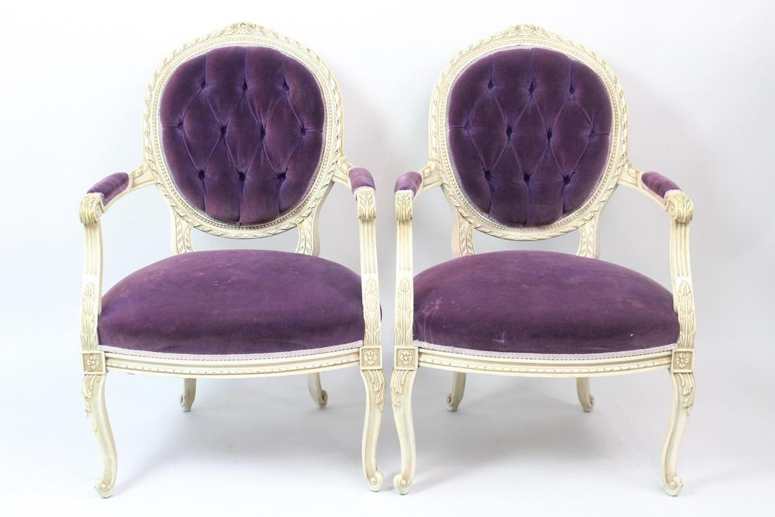 Pair of Purple Velvet Tufted Louis XV Style Armchairs (1 of 15)