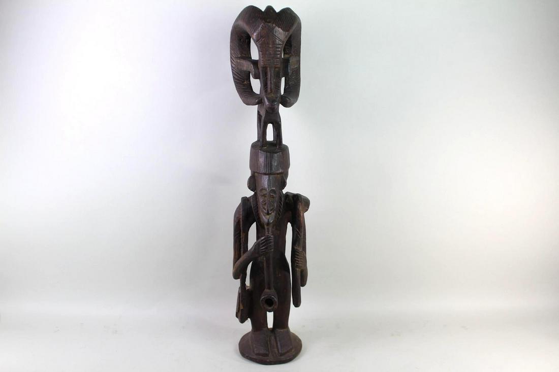 African Carved Wood Tribal Figural Statue w/Pipe & Ram (1 of 10)