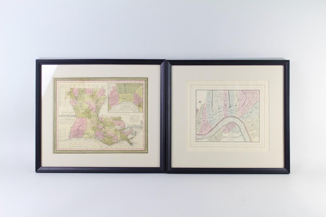 Pair 19th C Framed Color Maps, Louisiana & New Orleans (1 of 14)