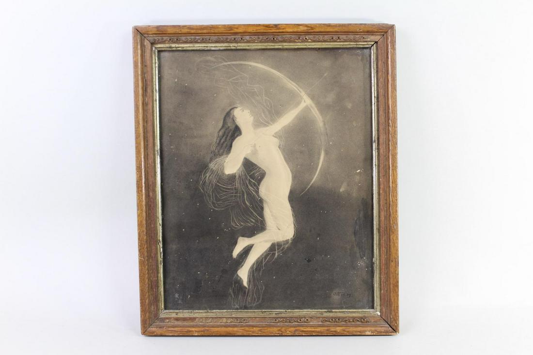 Charcoal Drawing of Archer Woman w/ Bow & Arrow Signed: Charcoal Drawing of Archer Woman w/ Bow & Arrow Signed. This work depicts a semi-nude muslin-draped woman floating in the starry night sky with a reflexed bow and arrow aimed toward the heavens. Possi