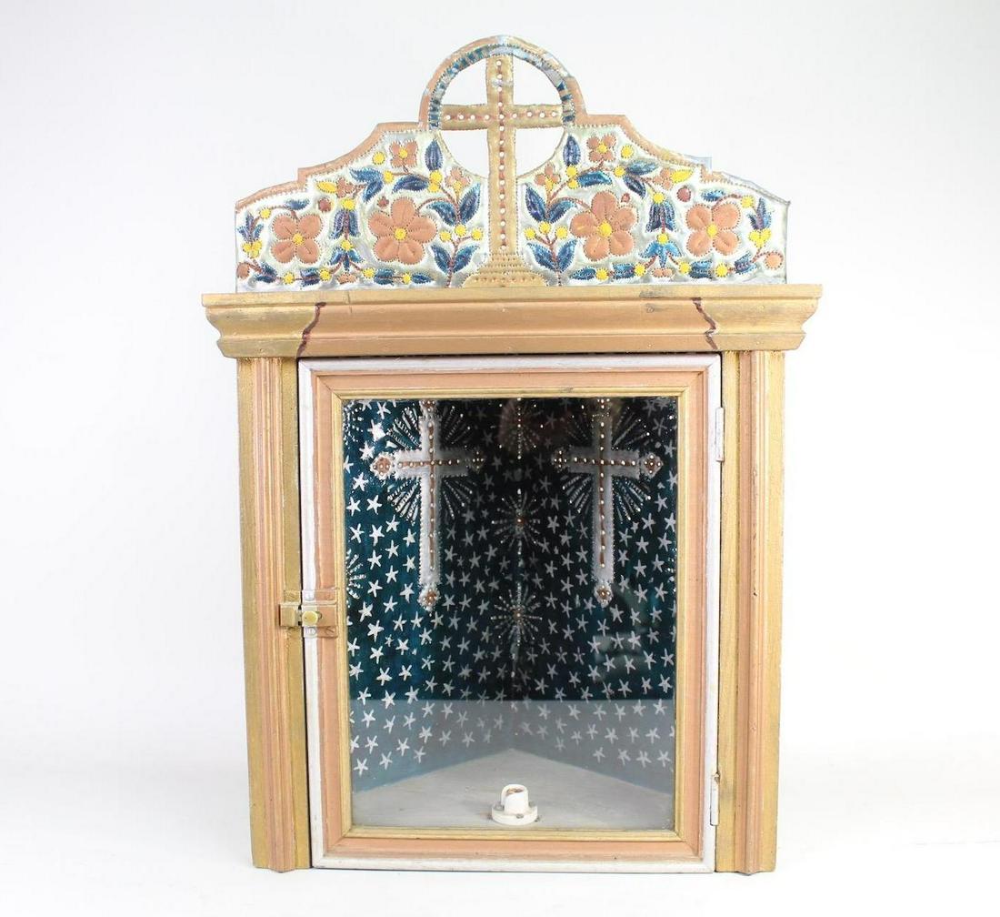 Punched Tin Reliquary Cabinet, Folk Art Signed 1949 NH (1 of 15)