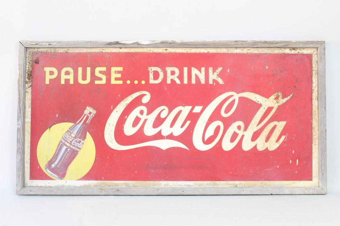 Large Pause Drink Coca Cola 1940s Tin Advertising Sign (1 of 12)