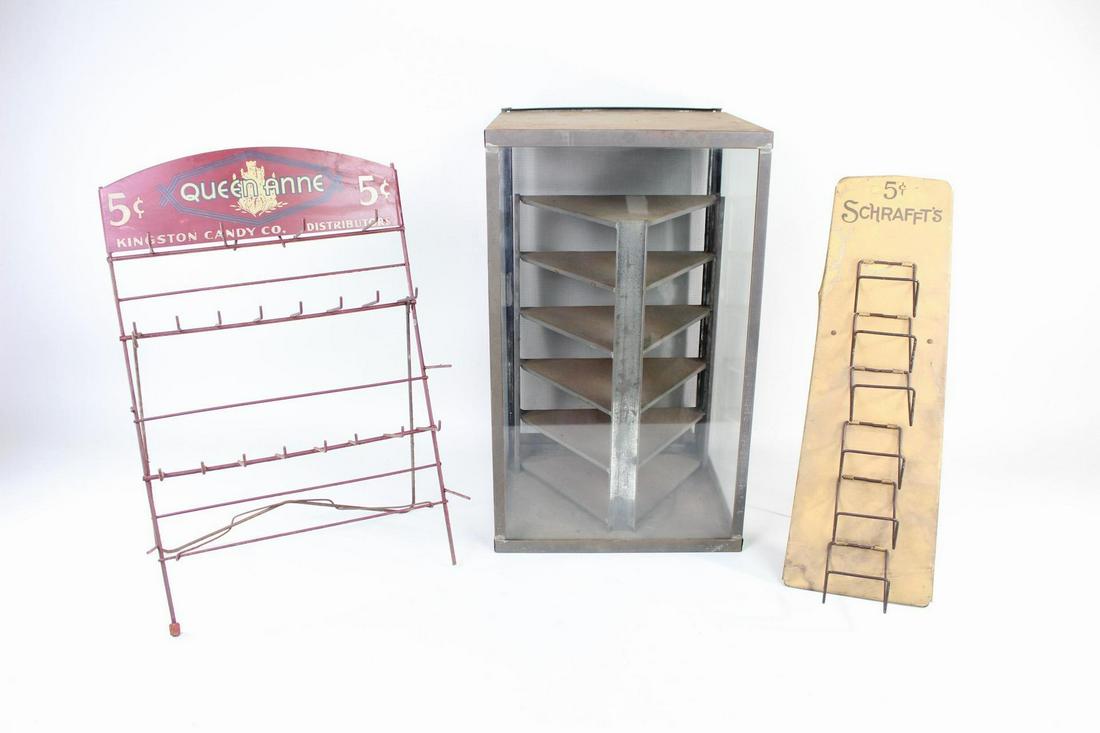 3 Store Display & 2 Signs,Pie Case,Schraffts,7Up,Candy: 3 Store Display Racks & 2 Signs,Pie Rack,Schraffts,Kingston Candy. Lot of 3 includes a glass and metal display case for pies with 6 triangular shelves, a red metal rack with a sign at the top that rea