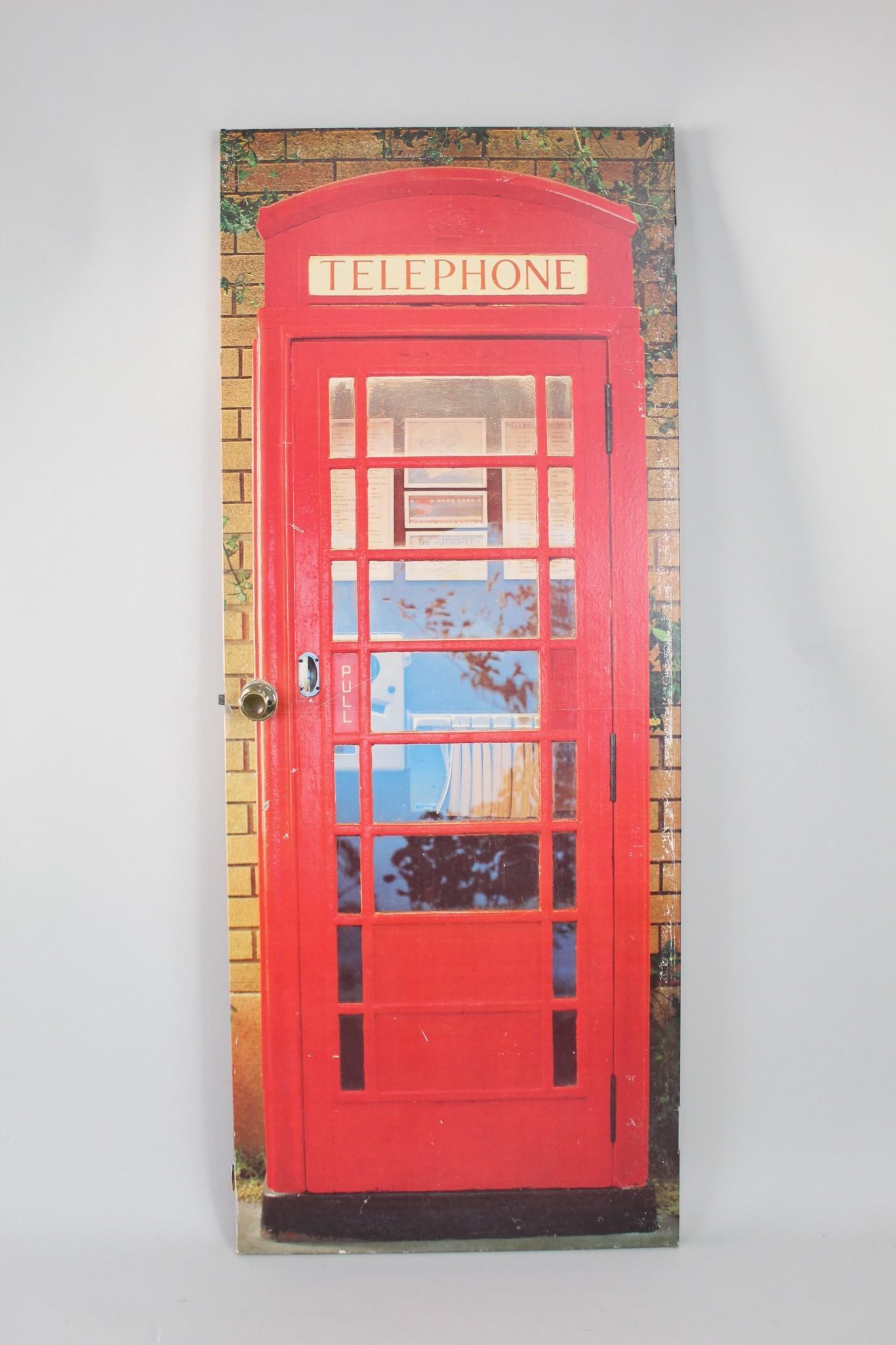 Door Covered in Life Sized British Telephone Box Mural: Door Covered in Life Sized British Telephone Box Mural. Fun interior door with doorknob has a full size image of a red British telephone booth applied to one surface. Terrific for a closet, bathroom o
