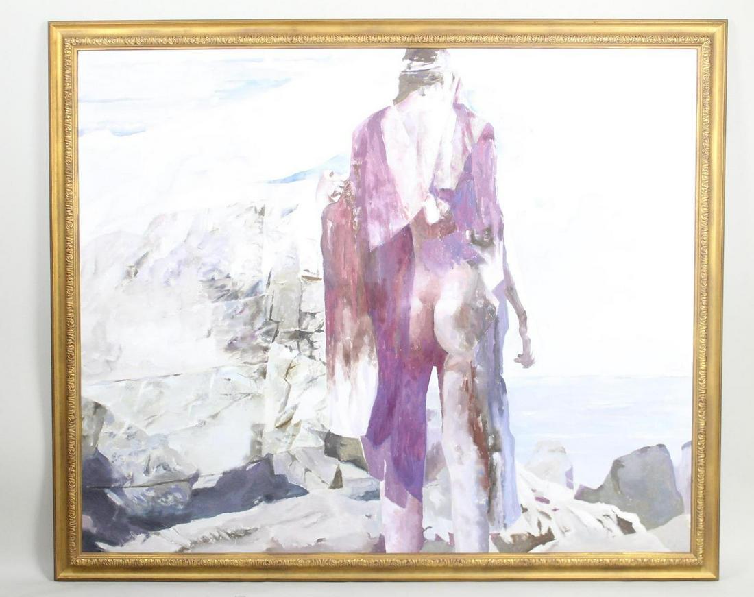 Framed Balcomb Greene Modern Nude Figural Painting 1/2: Framed Balcomb Greene Modern Nude Figural Painting 1/2. A wonderful Balcomb Greene (American, 1904-1990) impasto style painting on canvas depicting a nude standing in a rocky coast landscape. Signed B