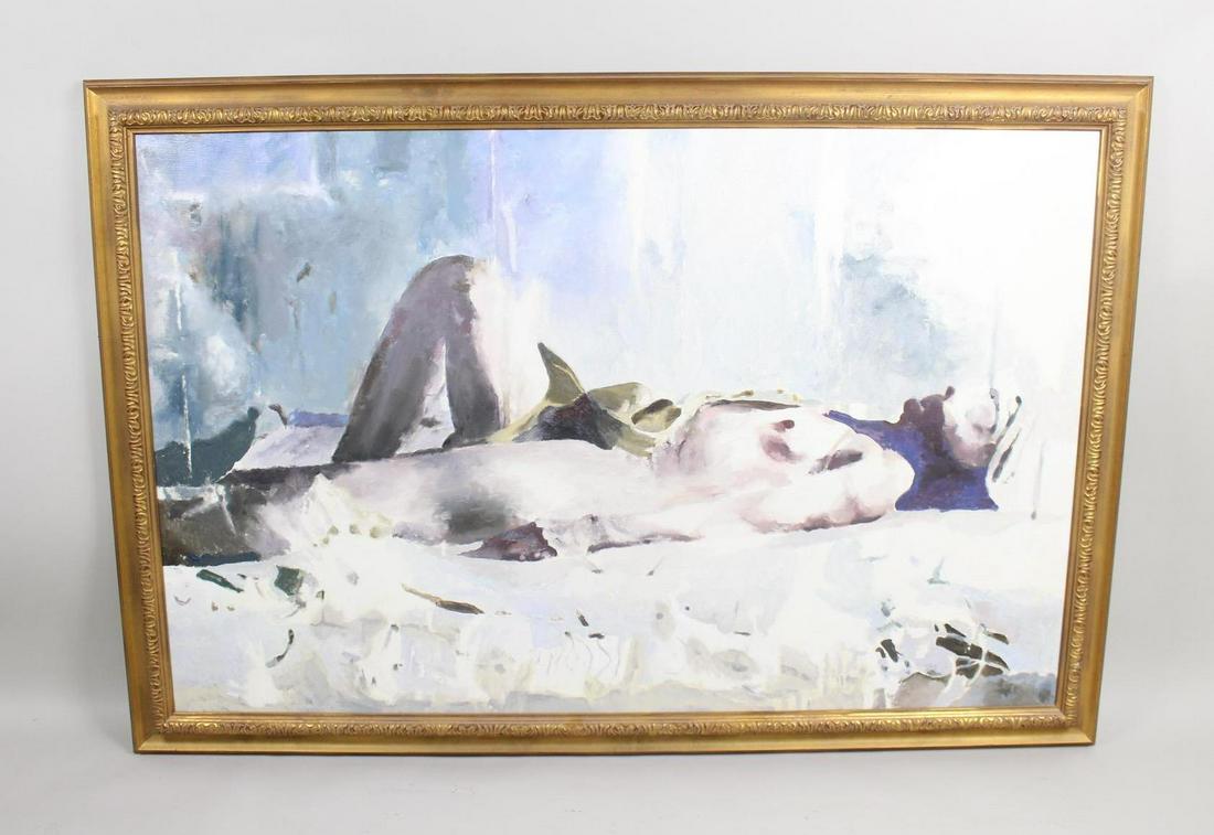 Balcomb Greene Modern Male Nude Figural Painting 2/2: Balcomb Greene Modern Male Nude Figural Painting 2/2. A wonderful Balcomb Greene (American, 1904-1990) impasto style painting on canvas depicting a nude sunbathing in a rocky coast landscape. Mounted
