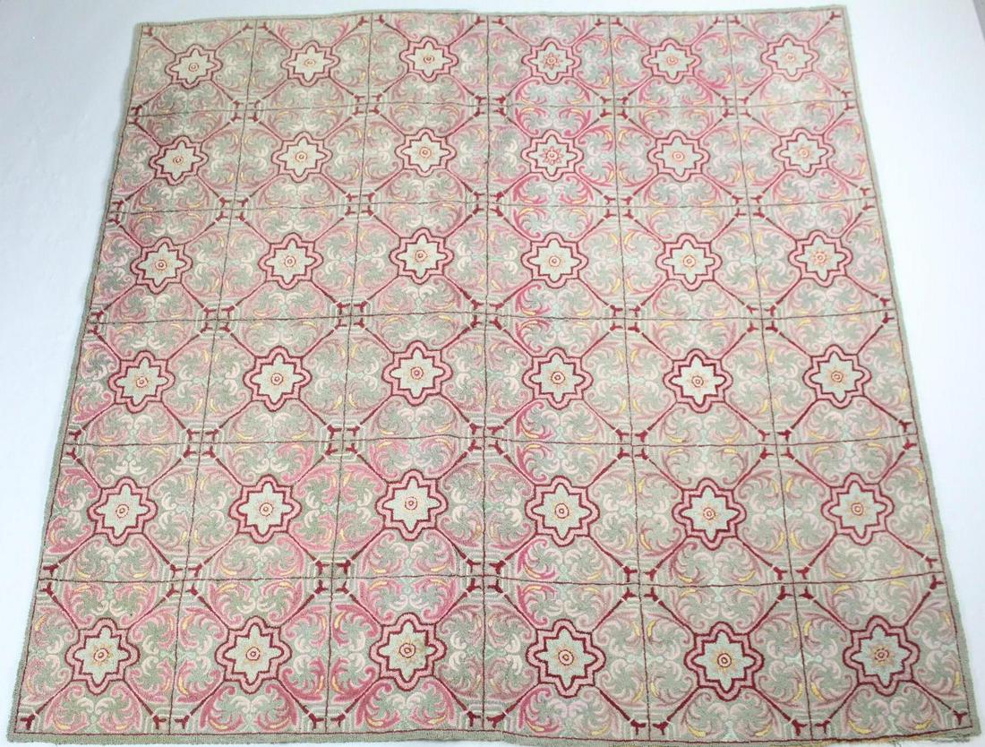 6 x 6 ft Floral Pink & Tan Tile Print Rug,Carpet: 6 x 6 ft Floral Pink & Tan Tile Print Rug,Carpet. A square rug with tan base and beautiful tile-like floral motif in pink and green. A great living room or area rug. Dimensions are 76 in h x 75 in w x