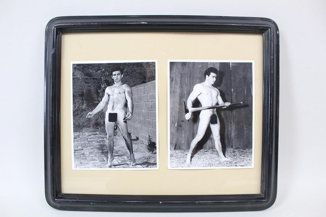 2 Framed Bruce of LA B&W Gay Nude Male Physique Photos: 2 Framed Original Bruce of LA B&W Gay Nude Male Photos. Two photos by legendary Bruce Bellas of LA share a single black frame. One photo is of a man standing on a brick patio; the other in a barn hold