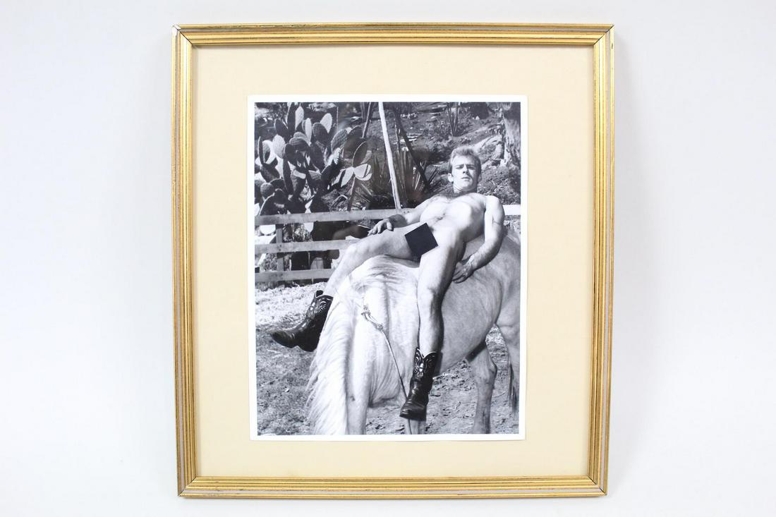 Framed Bruce LA B&W Gay Nude Male Physique Photo,Cowboy: Framed Original Bruce of LA B&W Gay Nude Male Photo. B&W photo by legendary Bruce Bellas of LA shows a nude man in cowboy boots reclining on a horse's back, and is framed in gold. From the collection