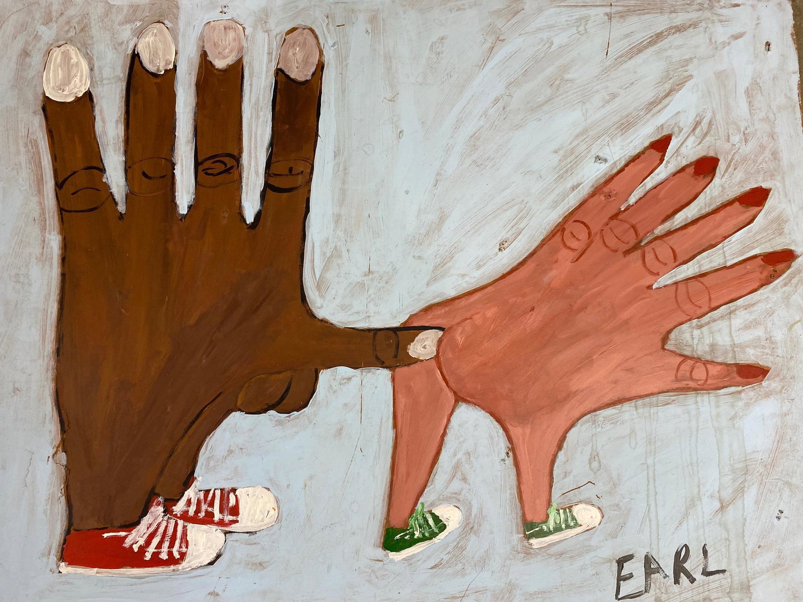 Earl Swanigan Hudson Outsider Art Erotic Hands Painting: Earl Swanigan Outsider Art Erotic Hands Painting. Unusual large painting by Hudson's most famous outsider artist, Earl Swanigan is painted on board, and signed in the bottom right corner. Two hands we