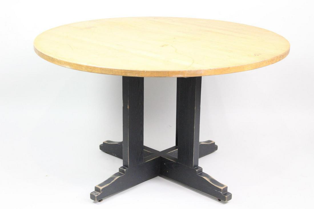 Round Wooden School House Pedestal Dining Table (3/4): Round Wooden School House Pedestal Dining Table (3/4). A round work table from a school. Possibly maple top with green/gray painted legs. The table top has fun and interesting little scribbles from ye