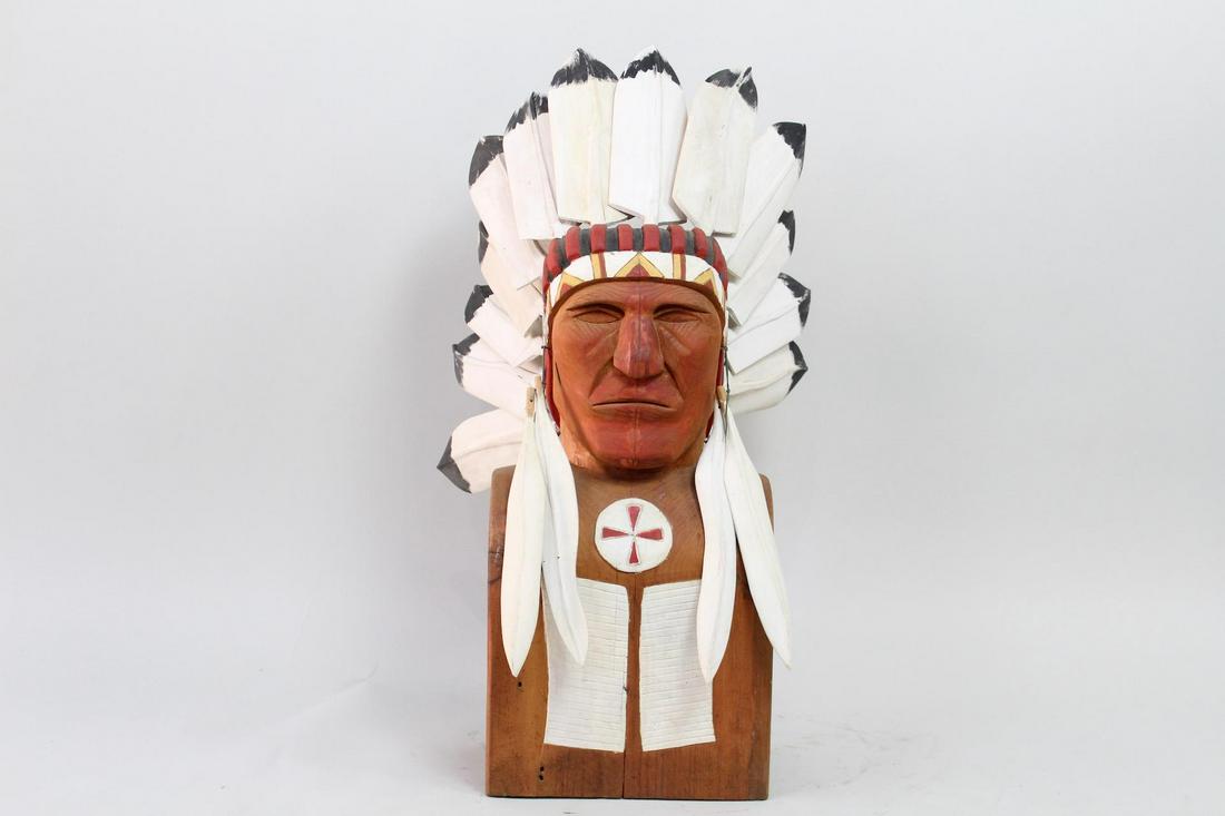 Carved Folk Art Bust of a Native American Plains Chief (1 of 12)