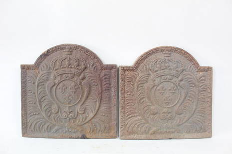 Pair French Cast Iron Firebacks w/Fleur de Lis & Crown: Pair French Style Cast Iron Firebacks w/Fleur de Lis. Handsome matching pair of firebacks are decorated with a coat of arms with fleur de lis in the center, with a crown at the top and feathers on eit