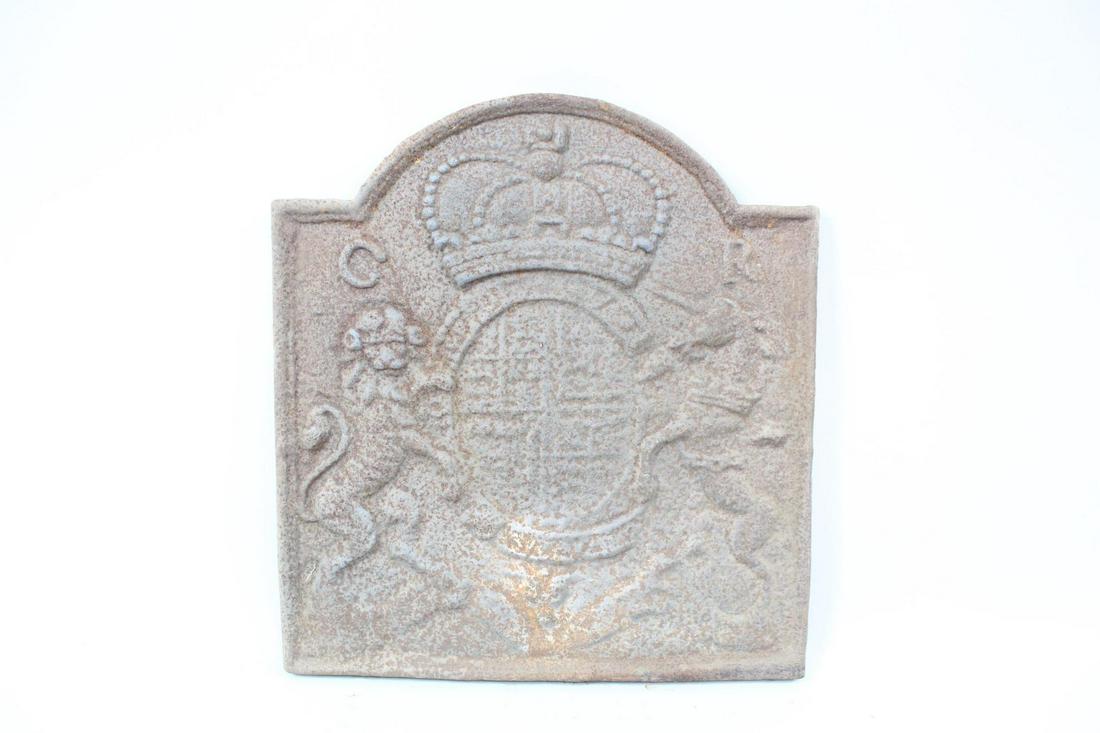 Cast Iron Charles Rex British Coat of Arms Fireback 2/2: Cast Iron Charles Rex British Coat of Arms Fireback 2/2. Handsome fireback features the British Coat of Arms with the letters C and R on either side. Looks similar to those made for Colonial Williamsb