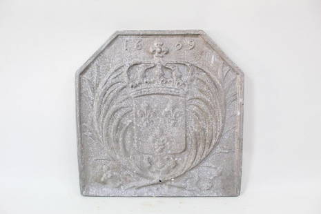 Large Cast Aluminum Fireback w/French Coat of Arms,1659: Large Cast Aluminum Fireback w/French Coat of Arms. Handsome fireback is decorated with the French royal coat of arms & the date 1659. All of the firebacks in this auction were found locally in a barn