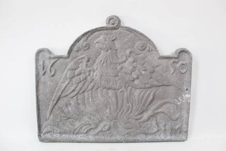 Large Cast Aluminum Fireback w/English Phoenix 1650: Large Cast Aluminum Fireback w/English Phoenix 1650. Handsome fireback is decorated with a Phoenix rising from the flames, and 1650. All of the firebacks in this auction were found locally in a barn;