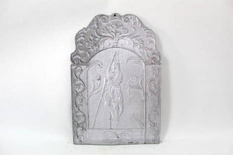 Cast Aluminum Fireplace Fireback, Explorer w/Spear: Cast Aluminum Fireplace Fireback w/Explorer w/Spear. Handsome fireback is decorated with an explorer with a spear in hand, with grapevines on either side. All of the firebacks in this auction were fou