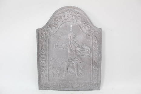 Cast Aluminum Fireplace Fireback, Explorer w/Spear: Cast Aluminum Fireplace Fireback w/Explorer w/Spear. Handsome fireback is decorated with an explorer with a spear in hand, with grapevines on either side. All of the firebacks in this auction were fou