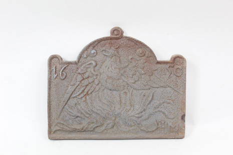 Large Cast Iron Fireback w/English Phoenix 1650: Large Cast Iron Fireback w/English Phoenix 1650. Handsome fireback is decorated with a Phoenix rising from the flames, and 1650. All of the firebacks in this auction were found locally in a barn; they