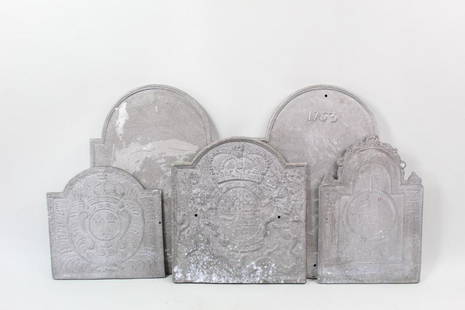 5 Cast Aluminum Firebacks,French & British Coat of Arms: 5 Cast Aluminum Firebacks,French & British Coat of Arms. Handsome group of firebacks are decorated with a French coat of a rms, British coat of arms, a horse, 1763, and one is blank. All of the fireba