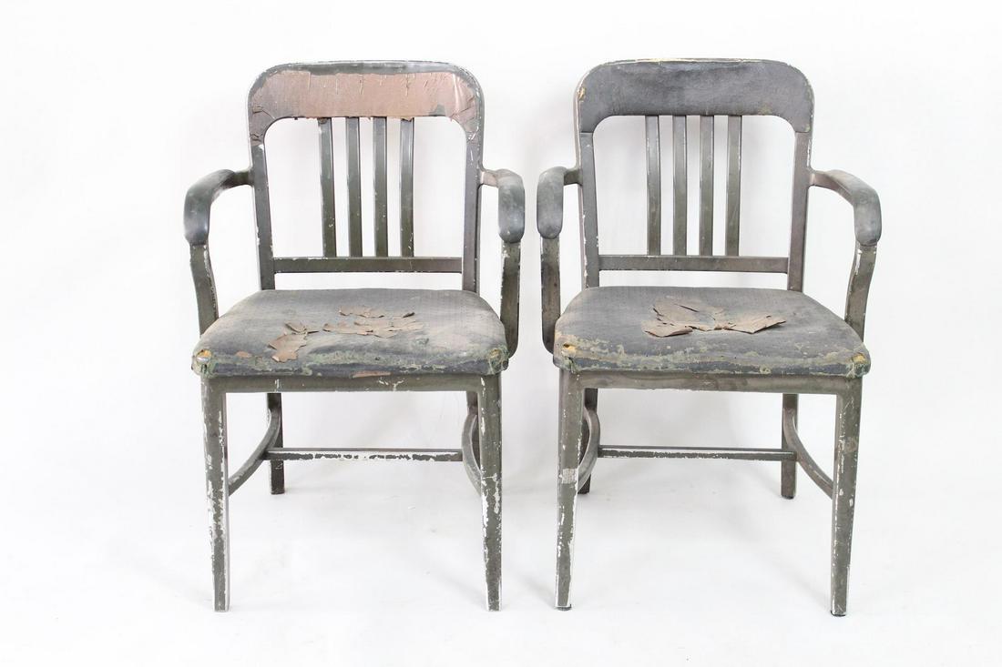Pair Goodform Industrial Aluminum Arm Chairs: Pair Goodform Industrial Aluminum Arm Chairs. A pair of Good Form arm chairs by The General Fireproofing Co. Made in aluminum and painted dark green with vinyl upholstered seats and arms. Makers mark