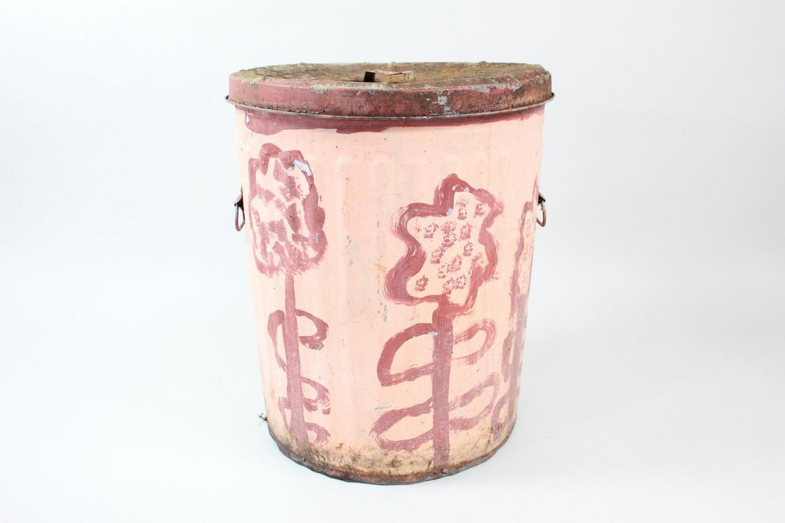 Naive Painted Folk Art Metal Trash Can w/Flowers (1 of 10)