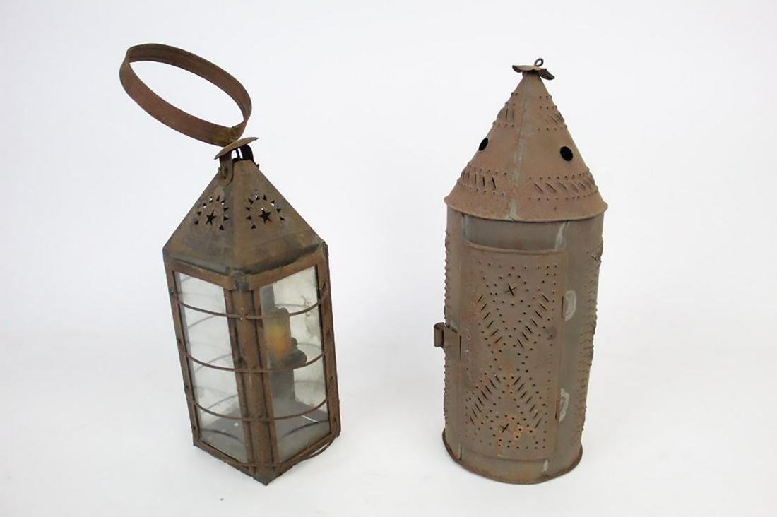 Pair of Primitive Antique Punched Tin Candle Lanterns (1 of 12)