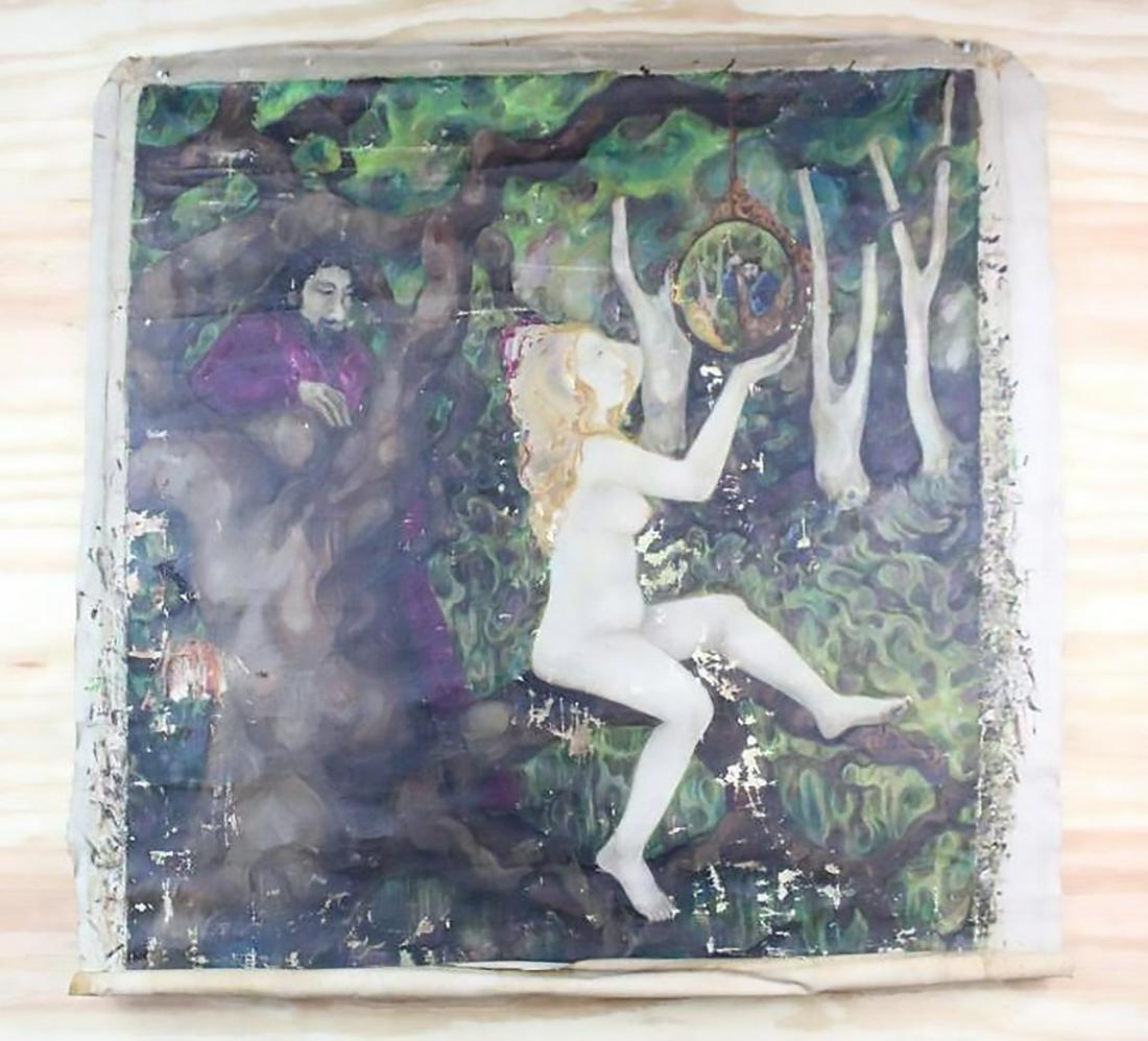 Large Painting of Man Discovering Nude Woman in Forest: Large Painting on canvas of Man Discovering Nude Woman in Forest. A nude woman gazes into a handheld mirror which reveals a man behind her, who she seems pleased to see. No signature. Canvas has been 