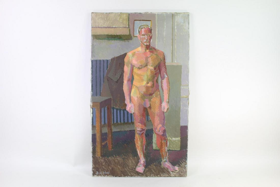 Danish Oil Painting Nude Male Study,Signed Hoyrup 1946: Impressionist Cubist Oil Painting Nude Male Study. An oil painting on canvas of a male nude painted in an impressionistic manner, standing in an artist studio. Great use of color and brush work. Unfra