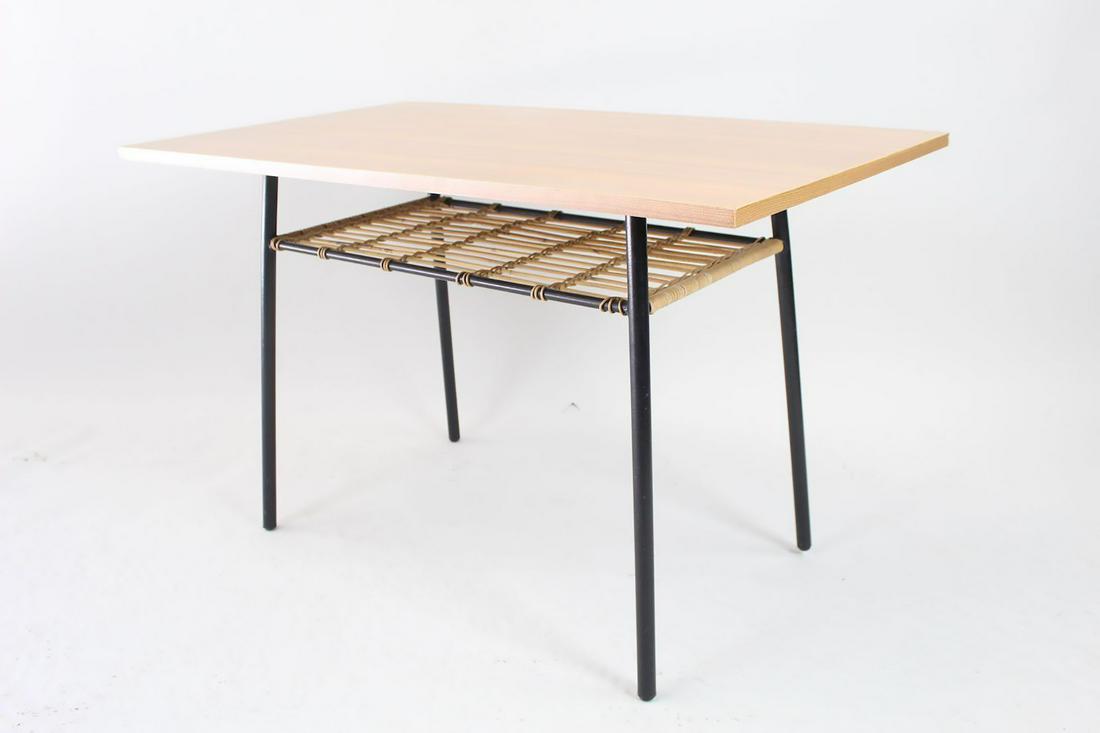 Modern Side Table w/Wood Top,Metal Frame & Rattan Shelf (1 of 11)