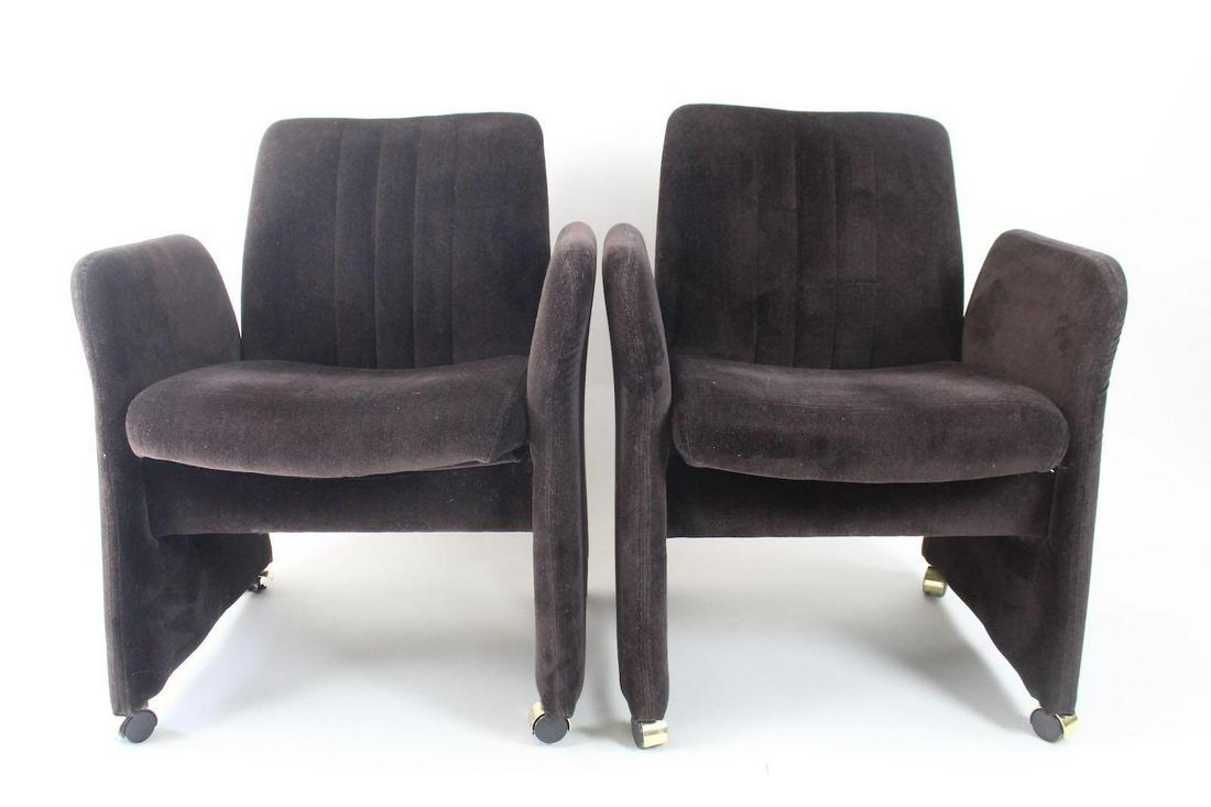 Pair Postmodern Chromcraft Chairs,Vladimir Kagan Style: Pair Postmodern Black Velvet Chromcraft Chairs,Vladimir Kagan Style.Upholstered in solid dark velvet over padded foam from head to brass caster toe, with three stitched seams to add texture to the bac