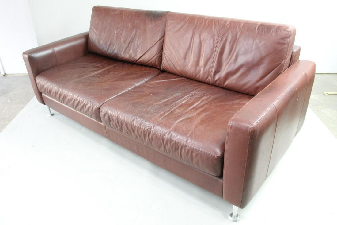 Contemporary 6.5ft Red Brown Leather Sofa,Aluminum Legs (1 of 9)