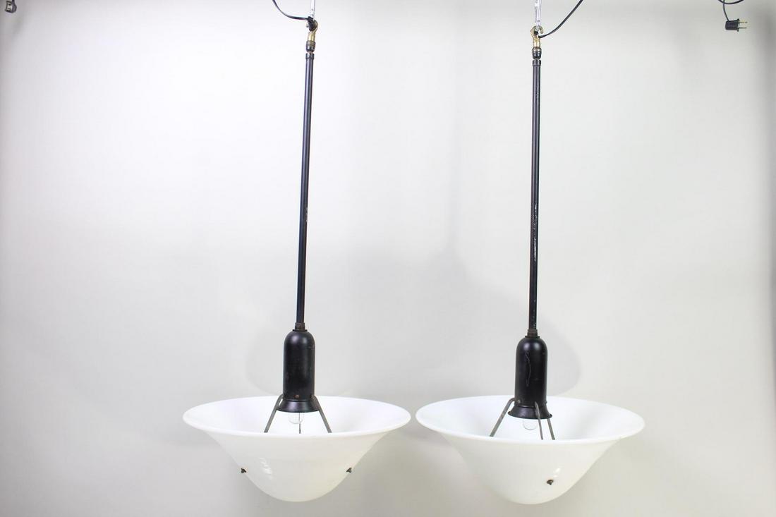 Pair Hanging Pendant Lights w/ Round Milk Glass Shades (1 of 6)
