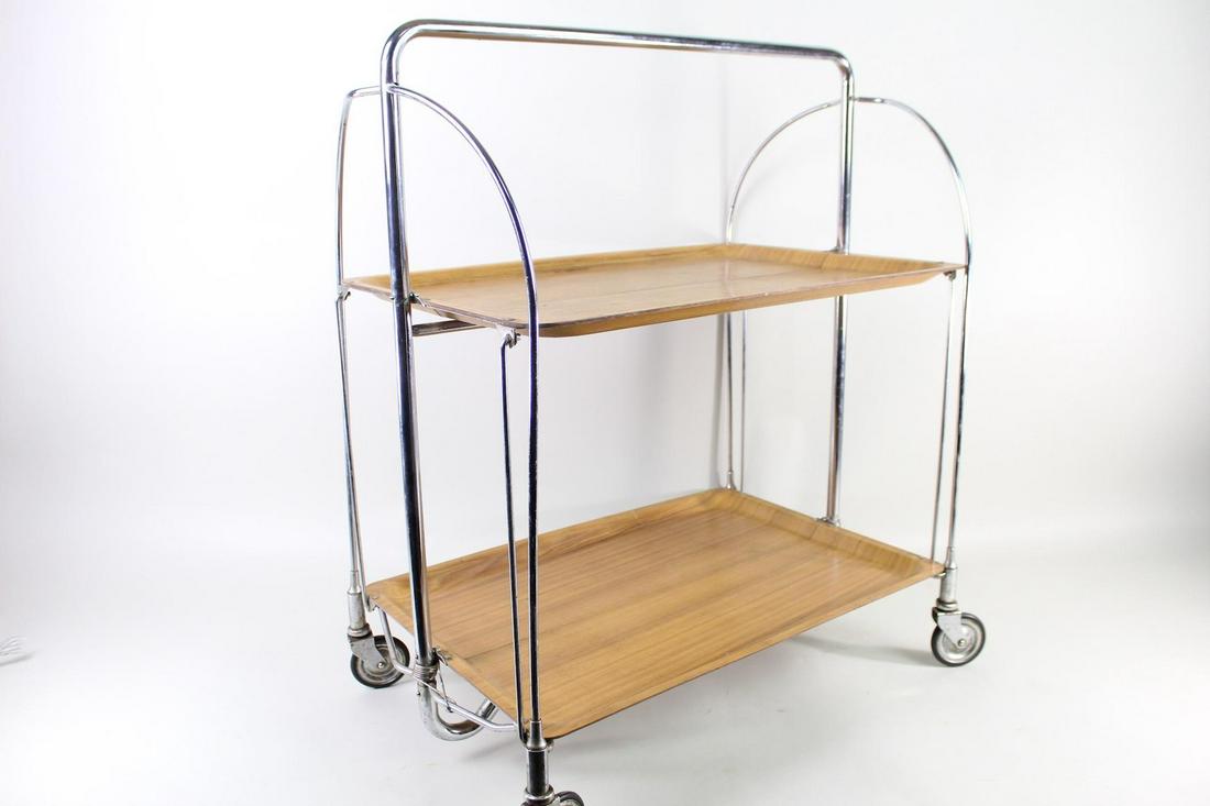 Mid-Century Modern Collapsible Wood Chrome Serving Cart (1 of 13)
