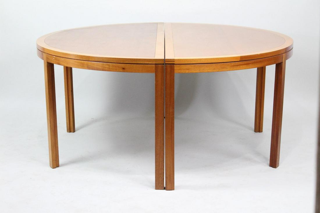 Danish Mid-Century Modern Tables by Soborg Modelfabrik: Danish Mid-Century Modern Table by Soborg Modelfabrik. Two demi-lune tables that can be used separately or together when connecting the two in the center underneath the top. Made in mahogany with cont