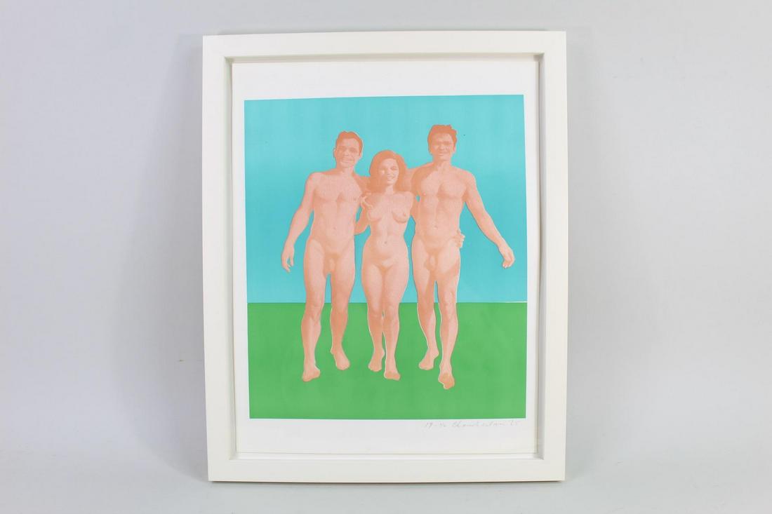 Wynn Chamberlain Modern Lithograph,3 Nudes 19/40 1965: Wynn Chamberlain Modern Lithograph,3 Nudes 19/40 1965. Beautifuland vibrant lithograph pictures 2 male and one female nude, arms around shoulders, happily walking towards the viewer. Lithograph printe