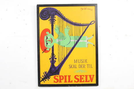 Mid-century Modern Poster Spil Selv by Bjorn Wiinblad: Vintage silkscreen poster advertising a 1958 Danish music festival, with a great Mid-Century style design by notable Danish painter and artist Bjorn Wiinblad (1918 â€“ 2006), depicting a whimsica