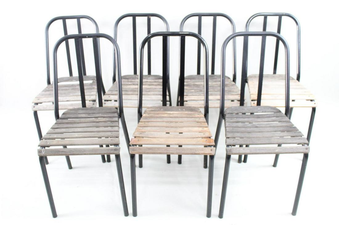 Set of 7 Modern Metal Patio Dining Chairs w/Wood Seats (1 of 12)
