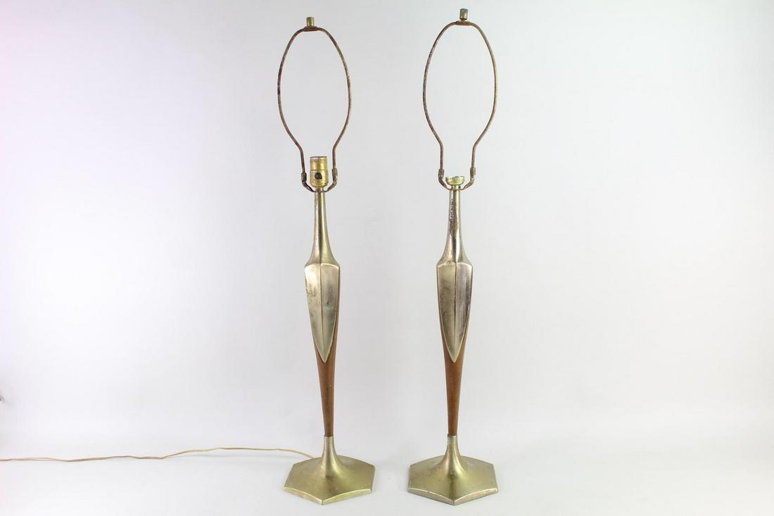 Pair Mid Century Modern Tall Laurel Wood & Brass Lamps (1 of 17)