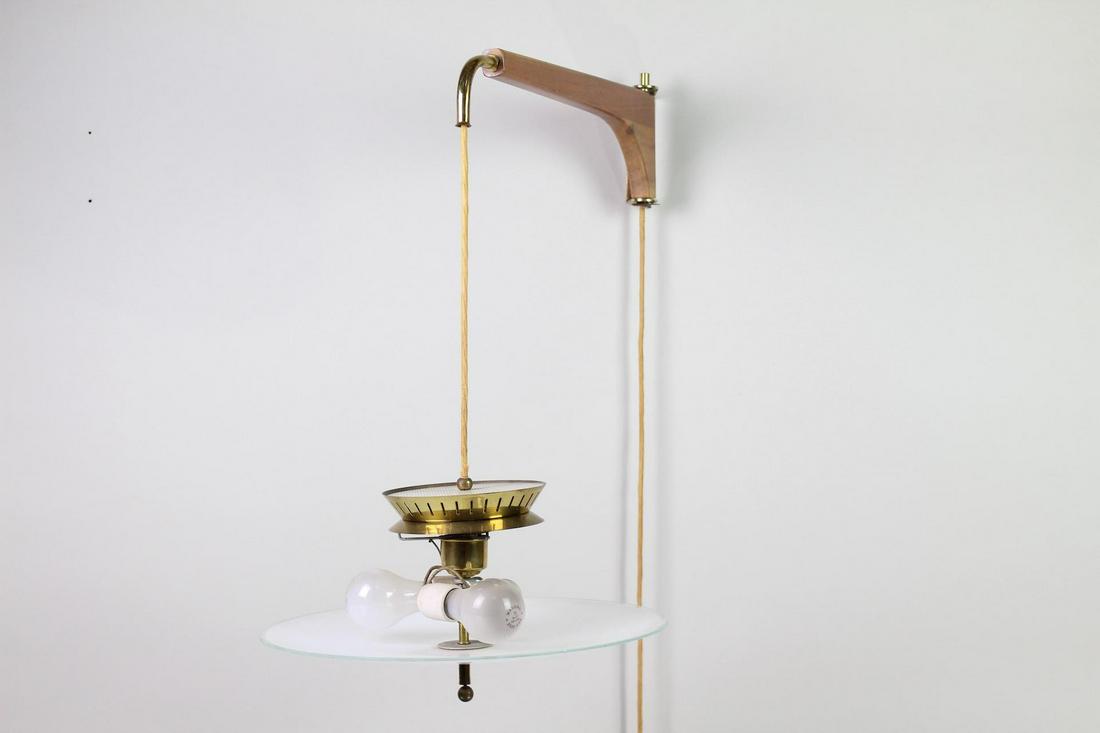 Modern Glass Brass Wood Swing Arm Sconce Light Fixture: Modern Glass Brass Wood Swing Arm Sconce Light Fixture. White painted glass shade with small dots that mimic the metal perforation and probably give a subtle starry effect to light from three interior