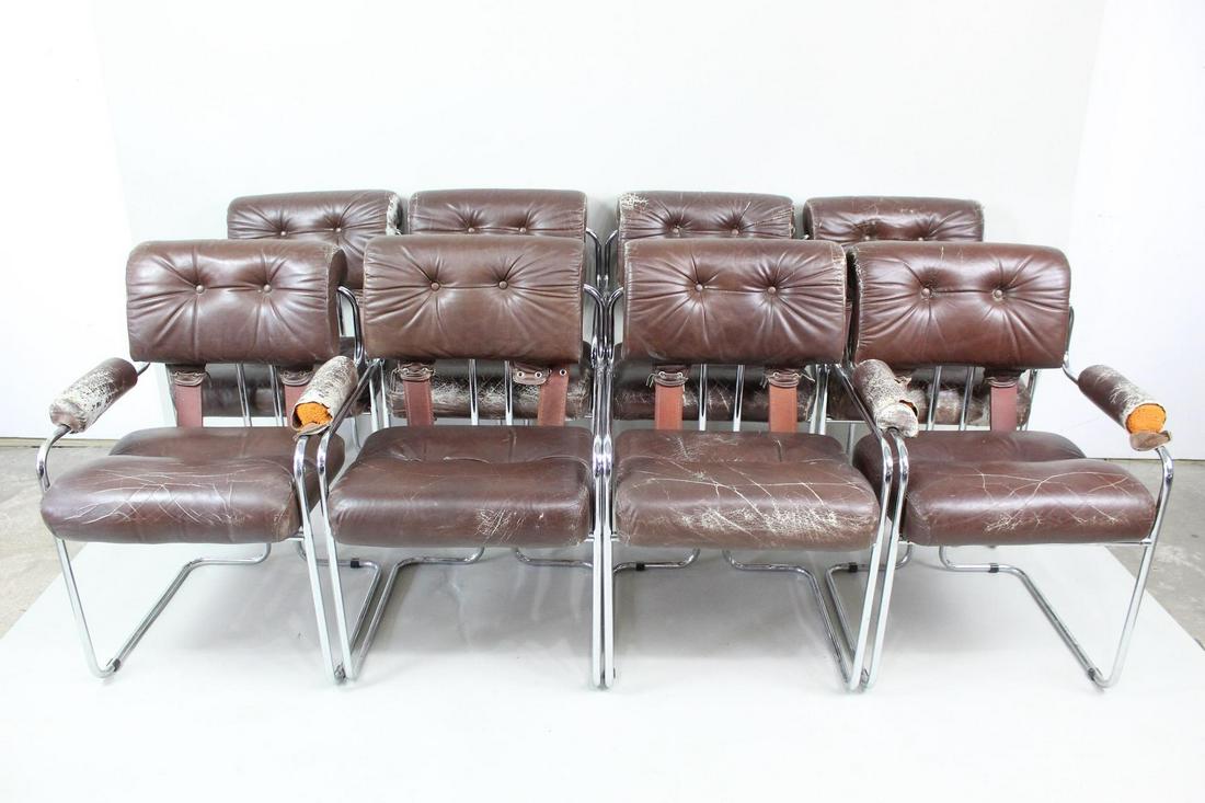 8 Mid-Century Modern Guido Faleschini Tucroma Armchairs: 8 Mid-Century Modern Guido Faleschini Tucroma Armchairs. Eight "Tucroma" arm chairs in tubular, chromed metalby Guido Faleschini, manufactured byMariani for the Pace collection. Tufted brown leather b
