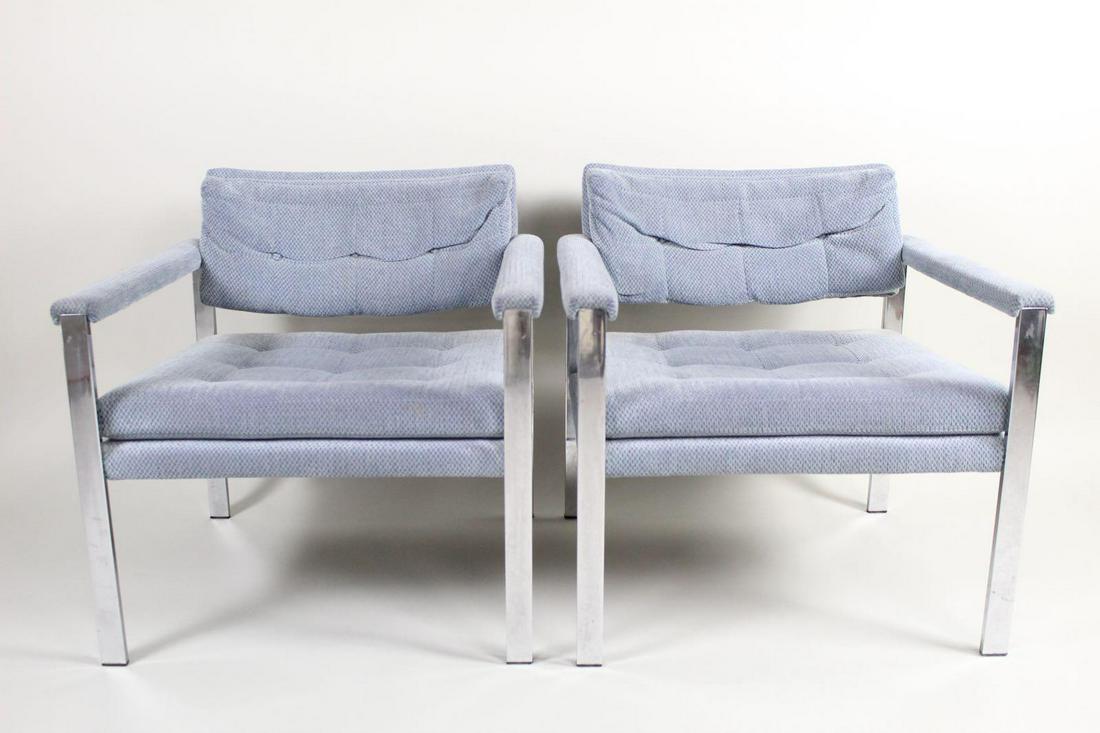 Pair Chrome Light Blue Cubic Tufted Modern Armchairs (1 of 14)