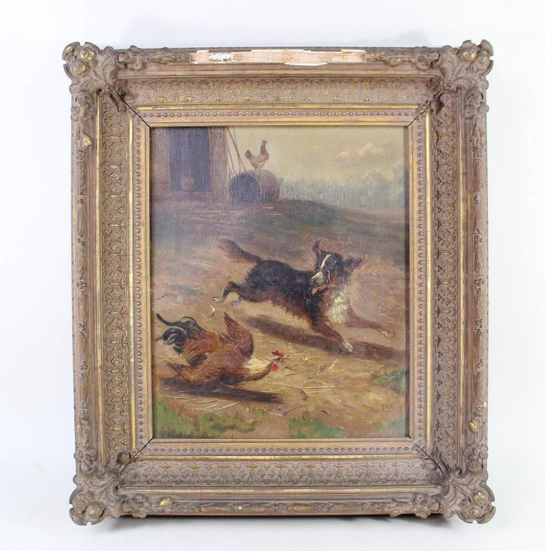 Antique Barnyard Farm Painting,Dog & Rooster,Signed JNH (1 of 15)